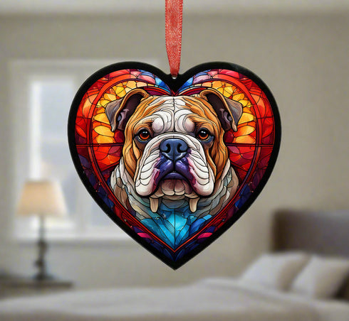 Bulldog Stained Glass Effect Heart Suncatcher